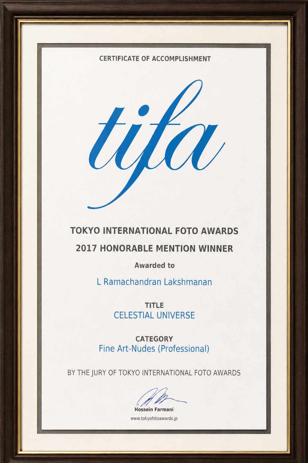 Tokyo International Foto Awards Certificate