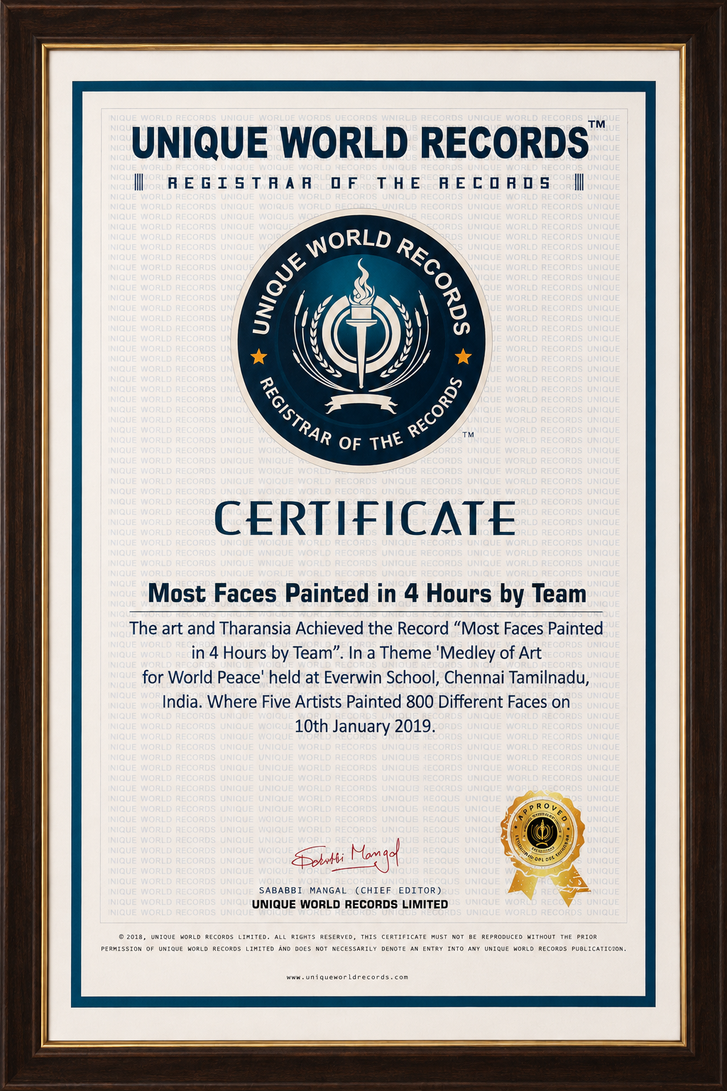 Unique World Records Certificate